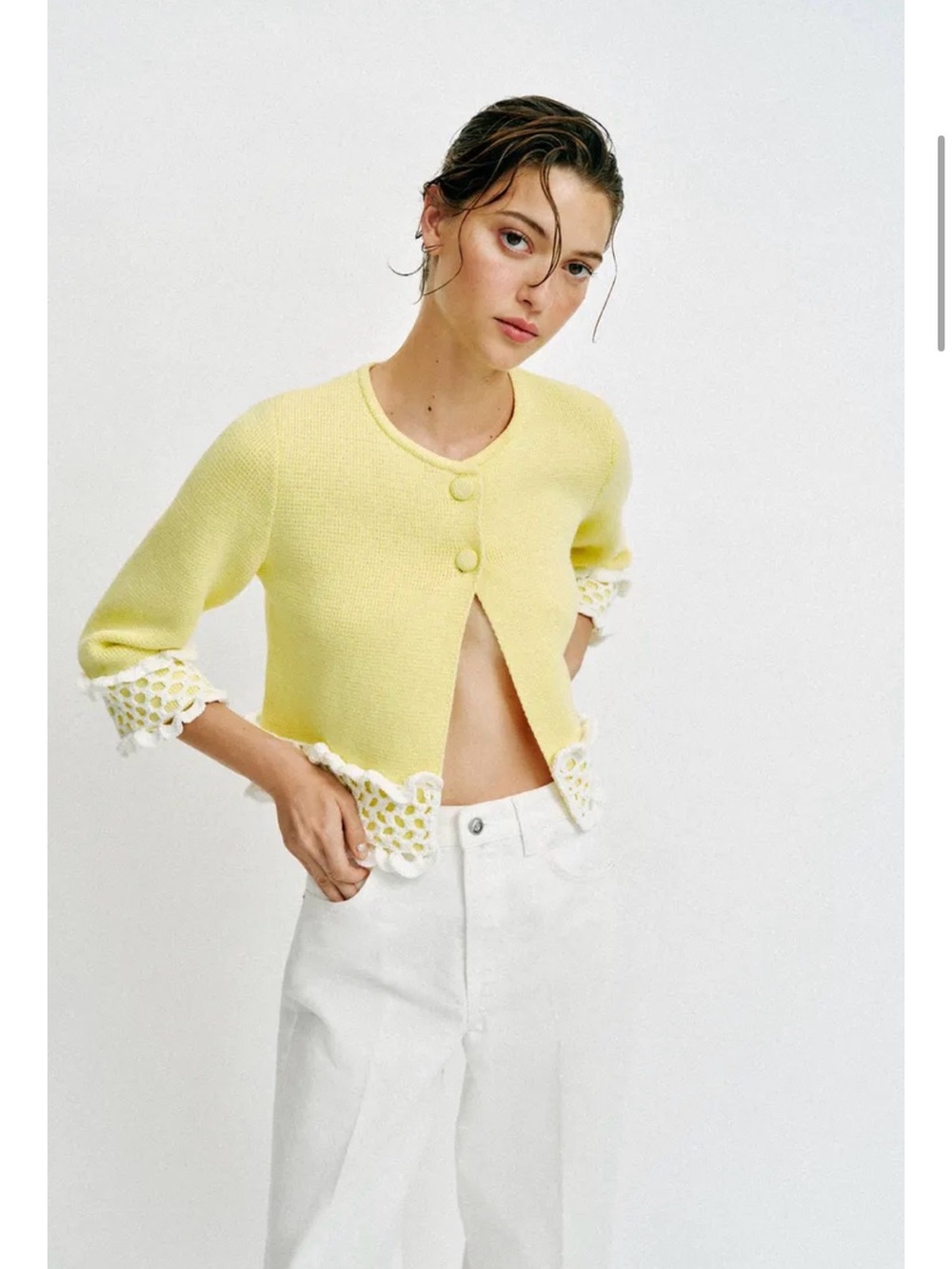 Zara Pale Yellow Cropped Button Cardigan with Crochet Trim